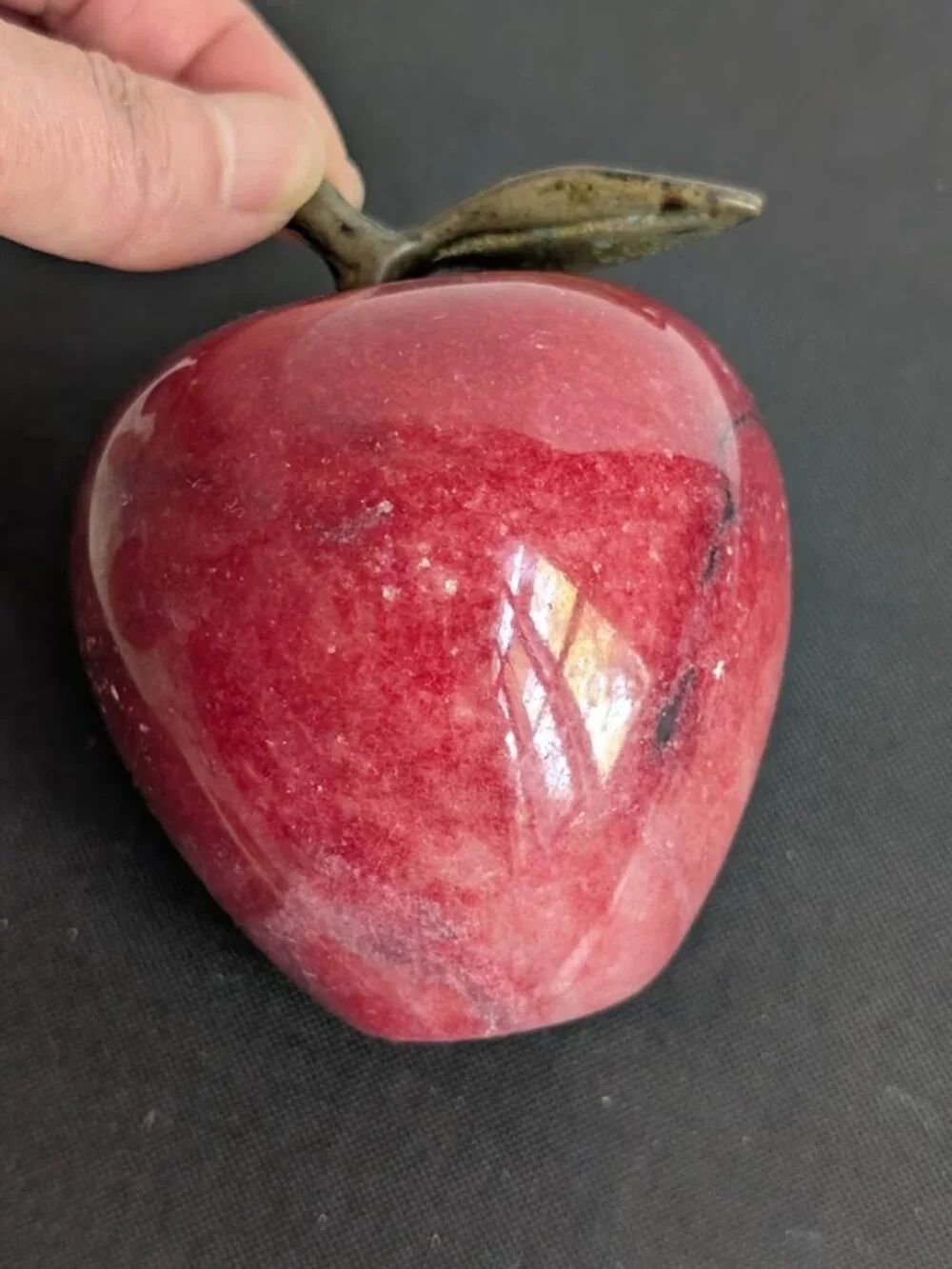 Vintage MCM Polished Marble Alabaster Red Apple Paperweight w/Brass Stem